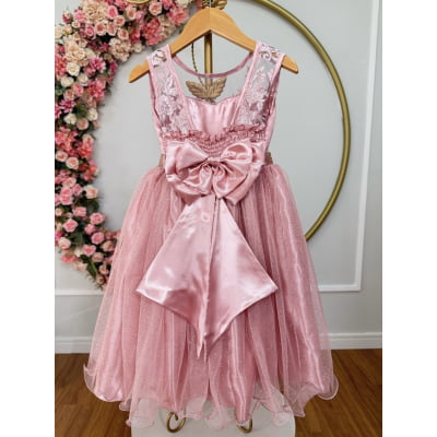 Vestido Infantil Rosé Renda e Tule com Brilho Damas Honra