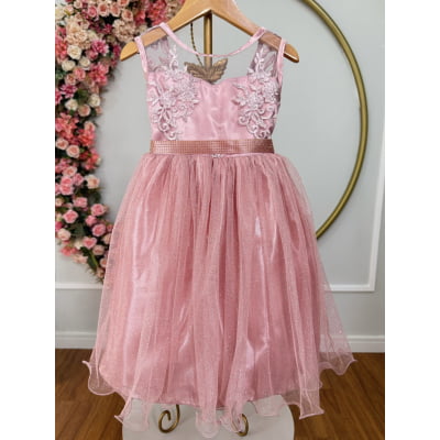 Vestido Infantil Rosé Renda e Tule com Brilho Damas Honra