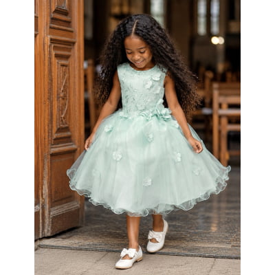Vestido Infantil Verde Acqua C/ Renda e Aplique de Flores Damas Vestido Infantil Verde Acqua C/ Renda e Aplique de Flores Damas