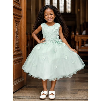 Vestido Infantil Verde Acqua C/ Renda e Aplique de Flores Damas