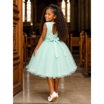 Vestido Infantil Verde Acqua C/ Renda e Aplique de Flores Damas