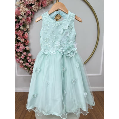 Vestido Infantil Verde Acqua C/ Renda e Aplique de Flores Damas
