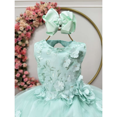 Vestido Infantil Verde Acqua C/ Renda e Aplique de Flores Damas