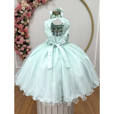 Vestido Infantil Verde Acqua C/ Renda e Aplique de Flores Damas