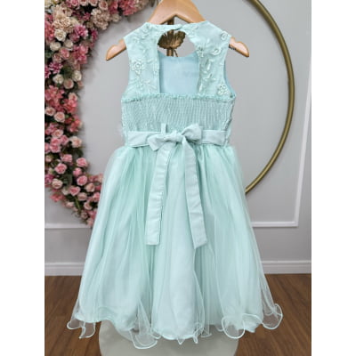 Vestido Infantil Verde Acqua C/ Renda e Aplique de Flores Damas