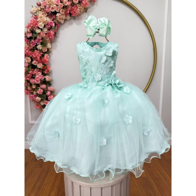 Vestido Infantil Verde Acqua C/ Renda e Aplique de Flores Damas Vestido Infantil Verde Acqua C/ Renda e Aplique de Flores Damas