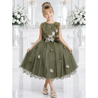 Vestido Infantil Verde Olivia C/ Renda e Aplique de Flores Damas Vestido Infantil Verde Olivia C/ Renda e Aplique de Flores Damas