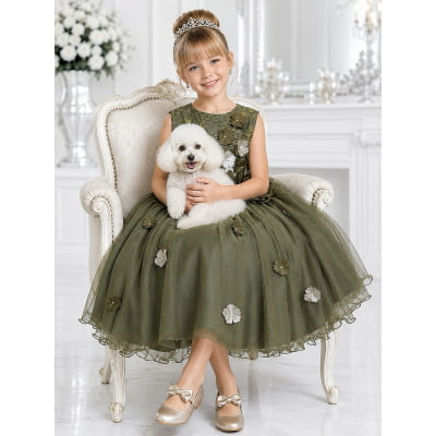 Vestido Infantil Verde Olivia C/ Renda e Aplique de Flores Damas