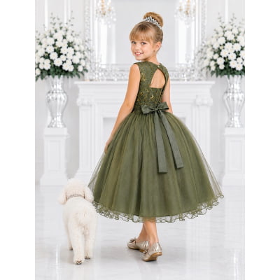 Vestido Infantil Verde Olivia C/ Renda e Aplique de Flores Damas