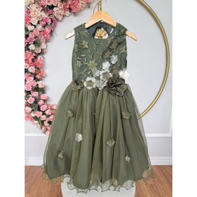 Vestido Infantil Verde Olivia C/ Renda e Aplique de Flores Damas