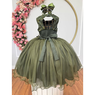 Vestido Infantil Verde Olivia C/ Renda e Aplique de Flores Damas