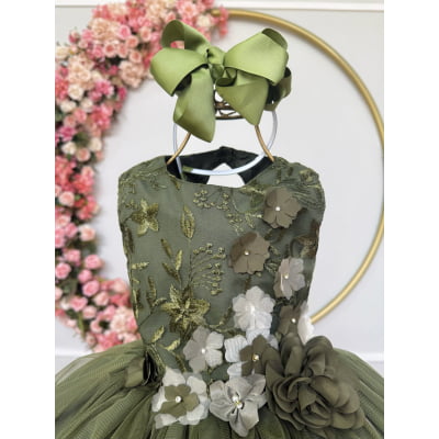 Vestido Infantil Verde Olivia C/ Renda e Aplique de Flores Damas