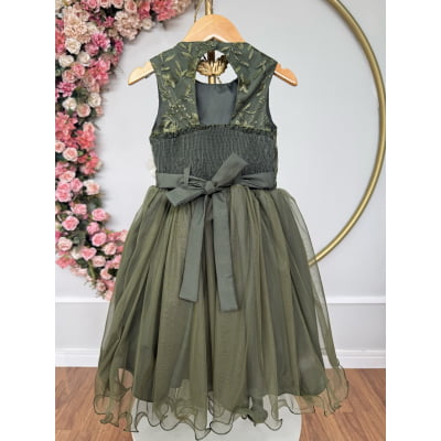 Vestido Infantil Verde Olivia C/ Renda e Aplique de Flores Damas