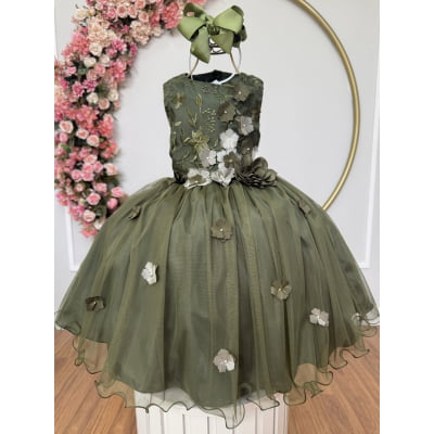 Vestido Infantil Verde Olivia C/ Renda e Aplique de Flores Damas Vestido Infantil Verde Olivia C/ Renda e Aplique de Flores Damas