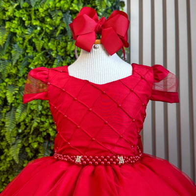 Vestido Infantil Vermelho Busto Nervura Daminhas Festas, em Tule e Poliéster