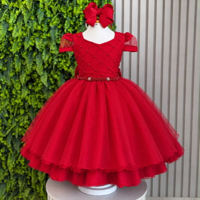 Vestido Infantil Vermelho Busto Nervura Daminhas Festas, em Tule e Poliéster Vestido Infantil Vermelho Busto Nervura Daminhas Festas, em Tule e Poliéster
