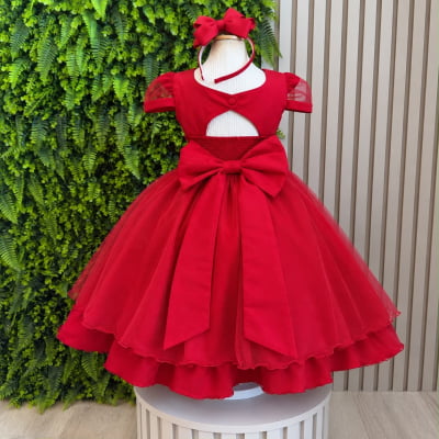 Vestido Infantil Vermelho Busto Nervura Daminhas Festas, em Tule e Poliéster
