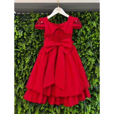 Vestido Infantil Vermelho Busto Nervura Daminhas Festas, em Tule e Poliéster