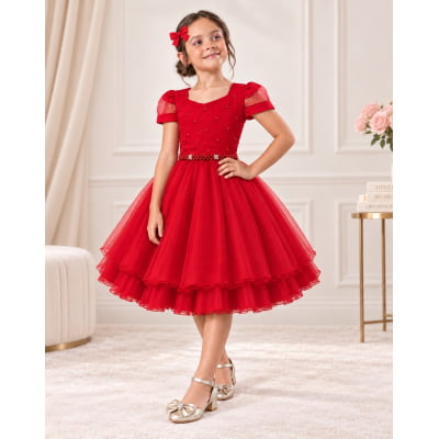 Vestido Infantil Vermelho Busto Nervura Daminhas Festas, em Tule e Poliéster