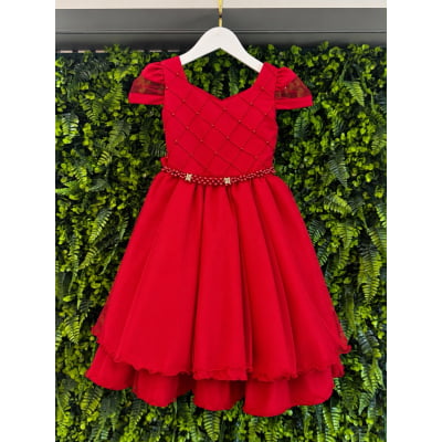Vestido Infantil Vermelho Busto Nervura Daminhas Festas, em Tule e Poliéster