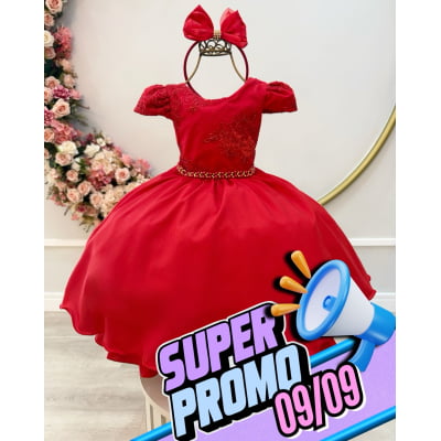 Vestido Infantil Vermelho Renda Metalizada C/ Tiara Daminhas Vestido Infantil Vermelho Renda Metalizada C/ Tiara Daminhas