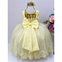 Vestido Infantil Amarelo Brilho Aplique Flor Luxo C/ Tiara