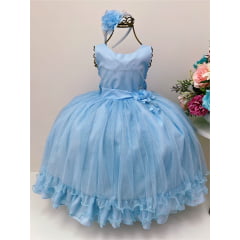 Vestido Infantil Azul Brilho Aplique Flor Luxo C/Tiara
