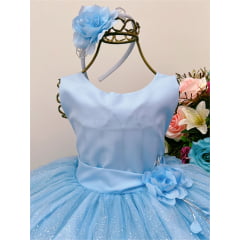 Vestido Infantil Azul Brilho Aplique Flor Luxo C/Tiara