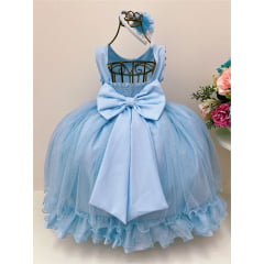 Vestido Infantil Azul Brilho Aplique Flor Luxo C/Tiara