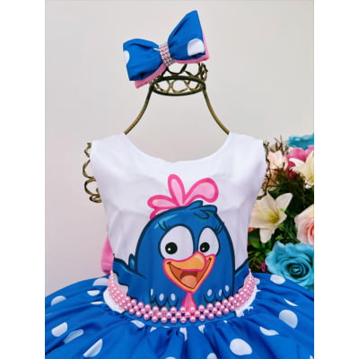 Vestido Infantil Galinha Azul e Rosa Bolas Brancas Laço