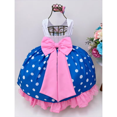 Vestido Infantil Galinha Azul e Rosa Bolas Brancas Laço