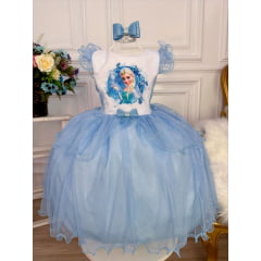 Vestido Infantil Princesa Frozen Azul C/ Laço e Glitter