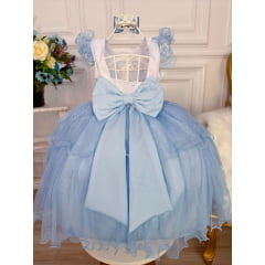 Vestido Infantil Princesa Frozen Azul C/ Laço e Glitter