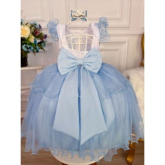 Vestido Infantil Princesa Azul C/ Laço e Glitter