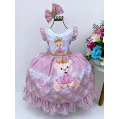 Vestido Infantil Rosê Ursinho Princesa Realeza Luxo C/Tiara