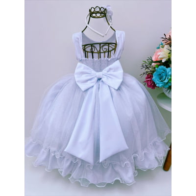 Vestido Infantil Branco Brilho Aplique Flor Luxo C/ Tiara