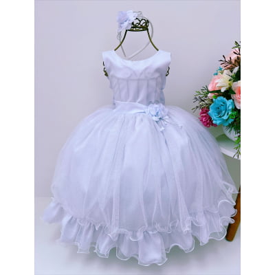 Vestido Infantil Branco Brilho Aplique Flor Luxo C/ Tiara