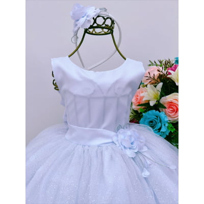 Vestido Infantil Branco Brilho Aplique Flor Luxo C/ Tiara