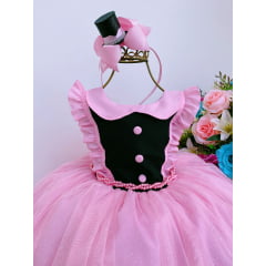 Vestido Infantil Circo Chefinha Rosa e Preto Brilho Com Tiara