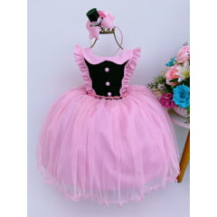 Vestido Infantil Circo Chefinha Rosa e Preto Brilho Com Tiara