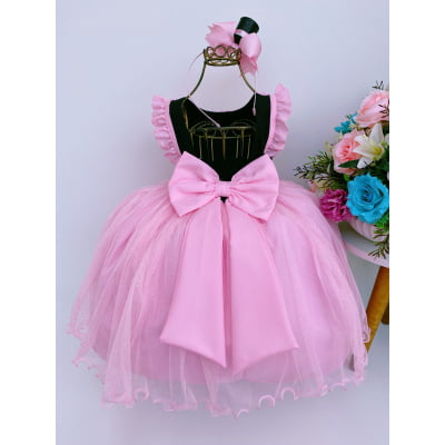 Vestido Infantil Circo Chefinha Rosa e Preto Brilho Com Tiara