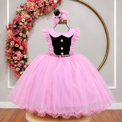 Vestido Infantil Circo Chefinha Rosa e Preto Brilho Com Tiara