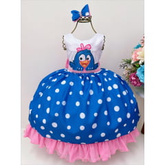 Vestido Infantil Azul e Rosa Bolas Brancas Laço