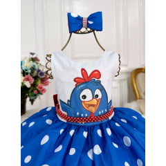 Vestido Infantil Galinha Pintadinha Azul e Vermelho Com Laço