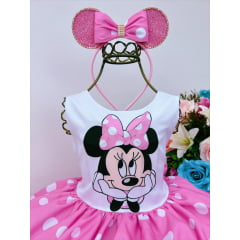 Vestido Infantil Minnie Rosa Luxo Bolas Brancas Com Tiara