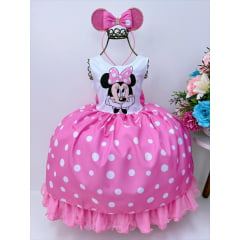 Vestido Infantil Minnie Rosa Luxo Bolas Brancas Com Tiara