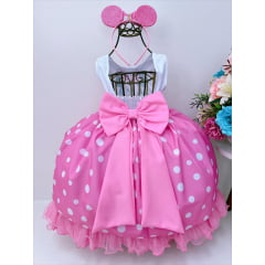 Vestido Infantil Minnie Rosa Luxo Bolas Brancas Com Tiara