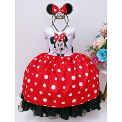 Vestido Infantil Minnie Vermelha Luxo Bolas Brancas Com Tiara