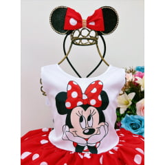 Vestido Infantil Minnie Vermelha Luxo Bolas Brancas Com Tiara