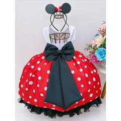 Vestido Infantil Minnie Vermelha Luxo Bolas Brancas Com Tiara